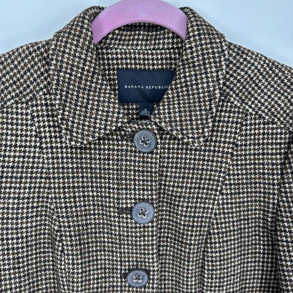 Banana Republic Houndstooth Blazer Jacket 8 Linen Wool Button Down Brown Tan - Picture 6 of 7